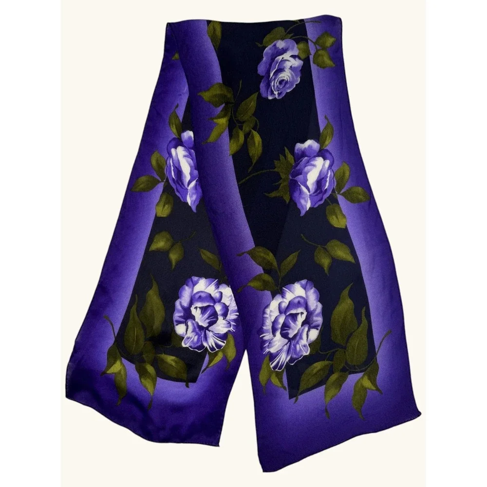 Lord & Taylor Purple Floral Silk Scarf Navy Blue Rose Print Oblong Neck Tie